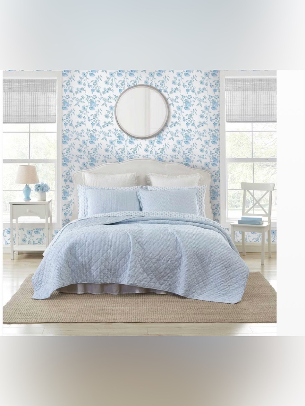 Charming Laura Ashley TWIN Oxford Striped Quilt Set Blue Pin Stripe ~ NEW
